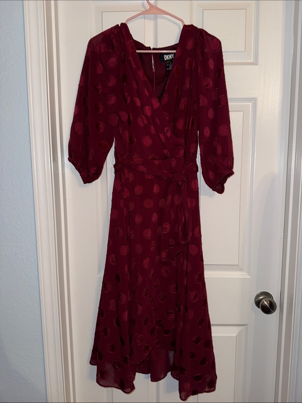 DKNY Burgundy Polka Dot Wrap Midi Dress